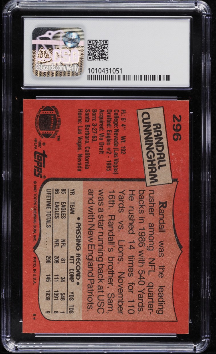1987 Topps Football Randall Cunningham ROOKIE #296 CSG 6.5 EXMT+