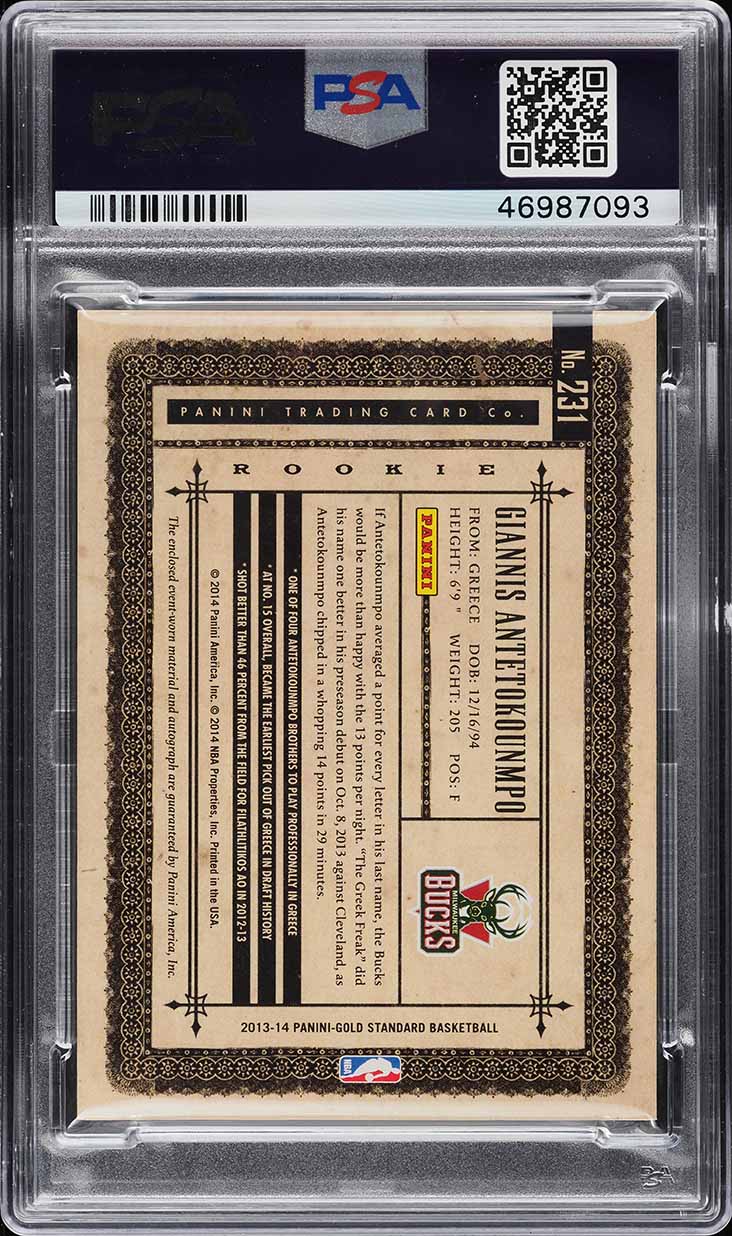 2013 Panini Gold Standard Giannis Antetokounmpo ROOKIE PATCH AUTO #231 PSA 9