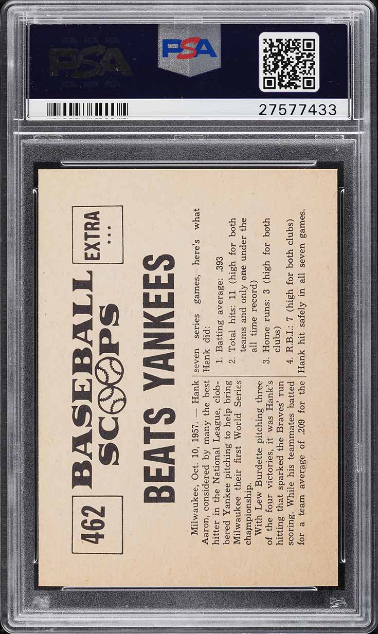 1961 Nu-Card Scoops Aaron's Bat Beats YANKEES IN SERIES #462 PSA 10 GEM MINT