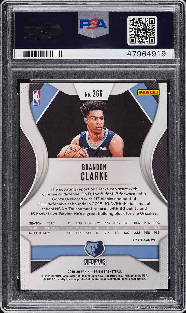 2019 Panini Prizm Red White Blue Prizms Brandon Clarke ROOKIE #266 PSA 10 GEM
