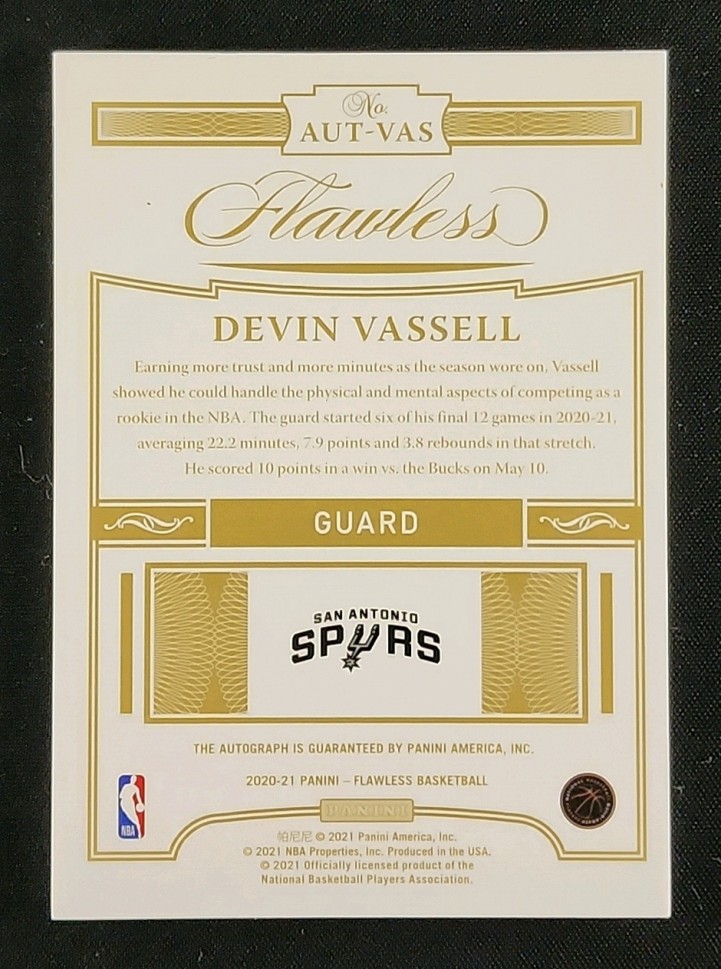 2020 Panini Flawless Devin Vassell ROOKIE AUTO /25 #AUT-VAS MBA AUTH