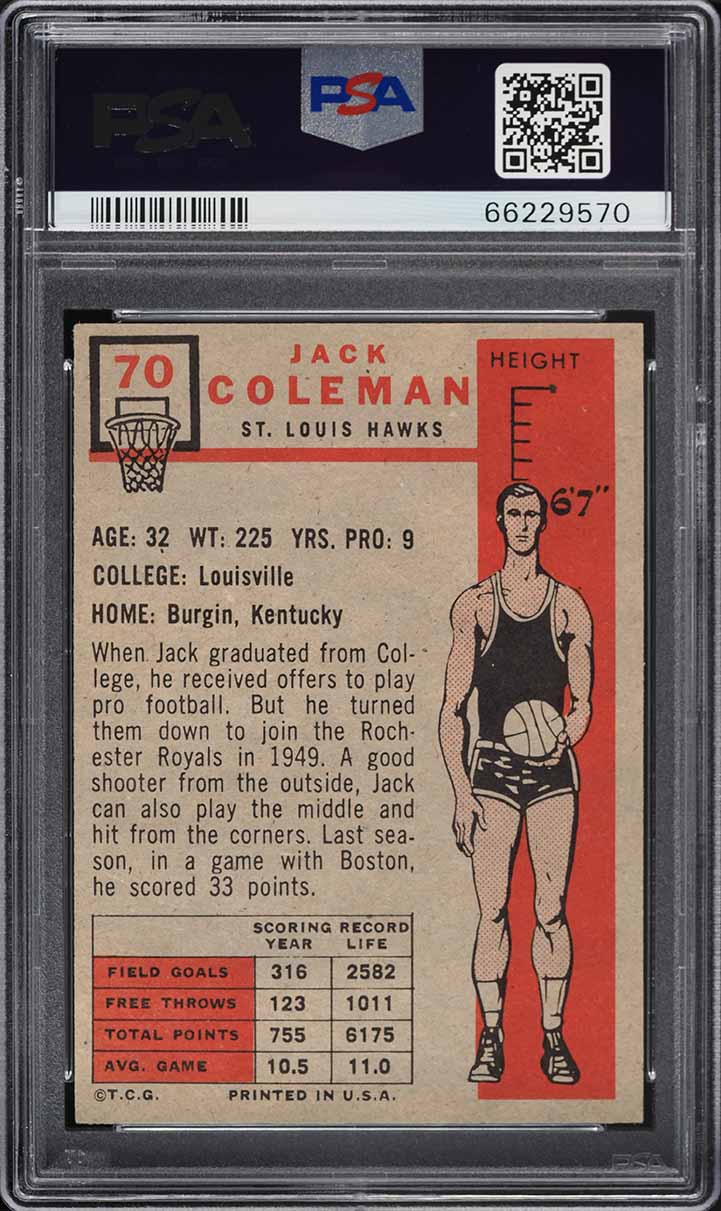 1957 Topps Basketball Jack Coleman #70 PSA 5 EX