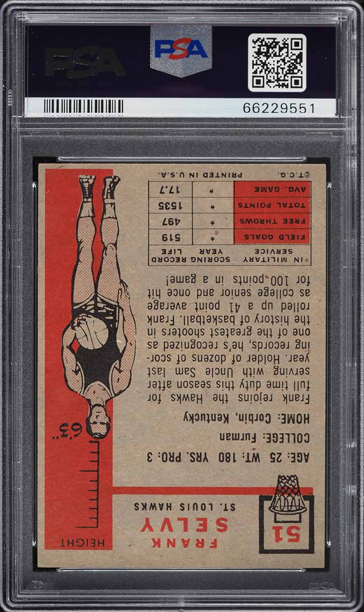 1957 Topps Basketball Frank Selvy ROOKIE #51 PSA 4 VGEX