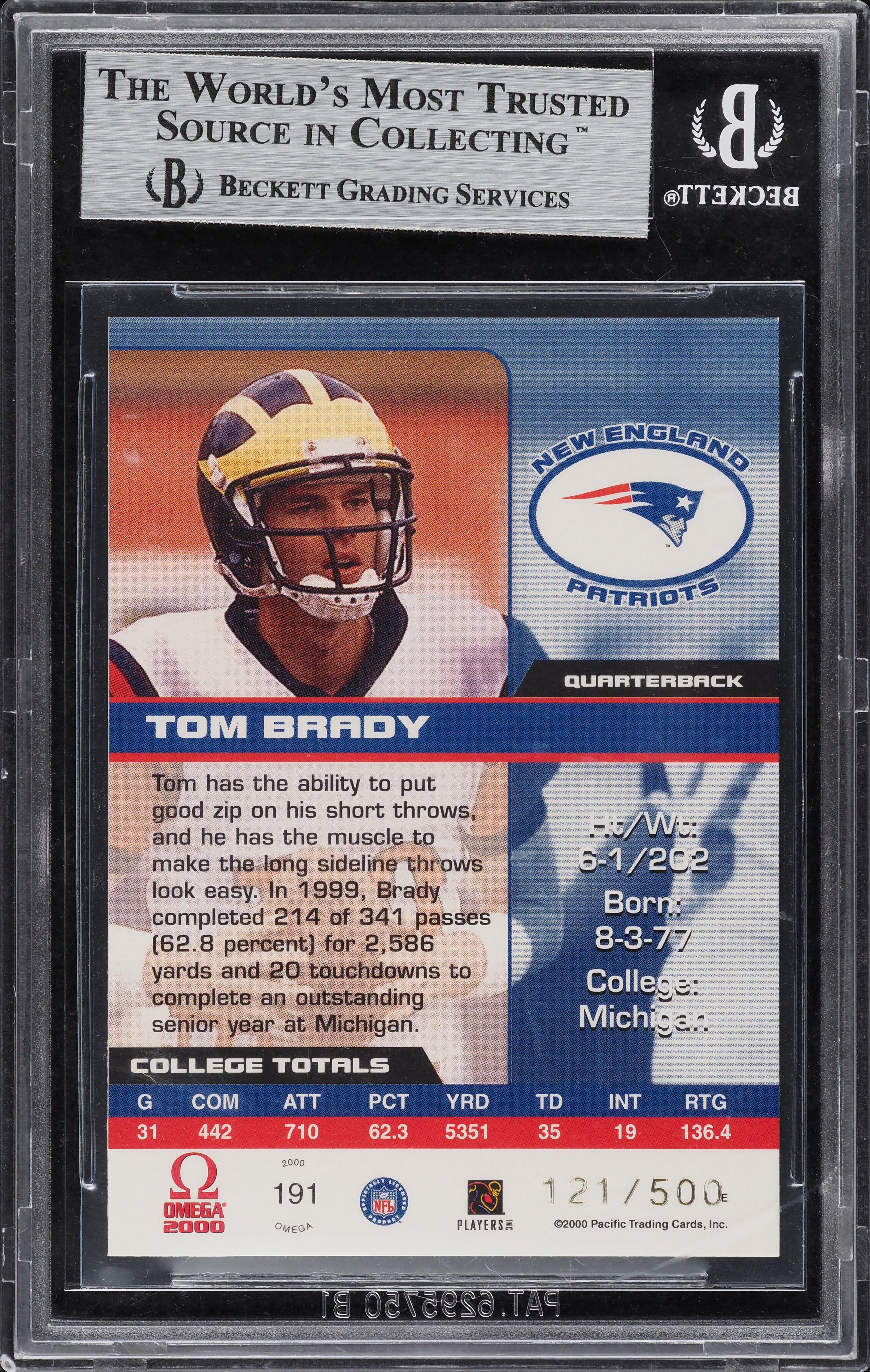 2000 Pacific Omega Tom Brady ROOKIE /500 #191 BGS 9 MINT on