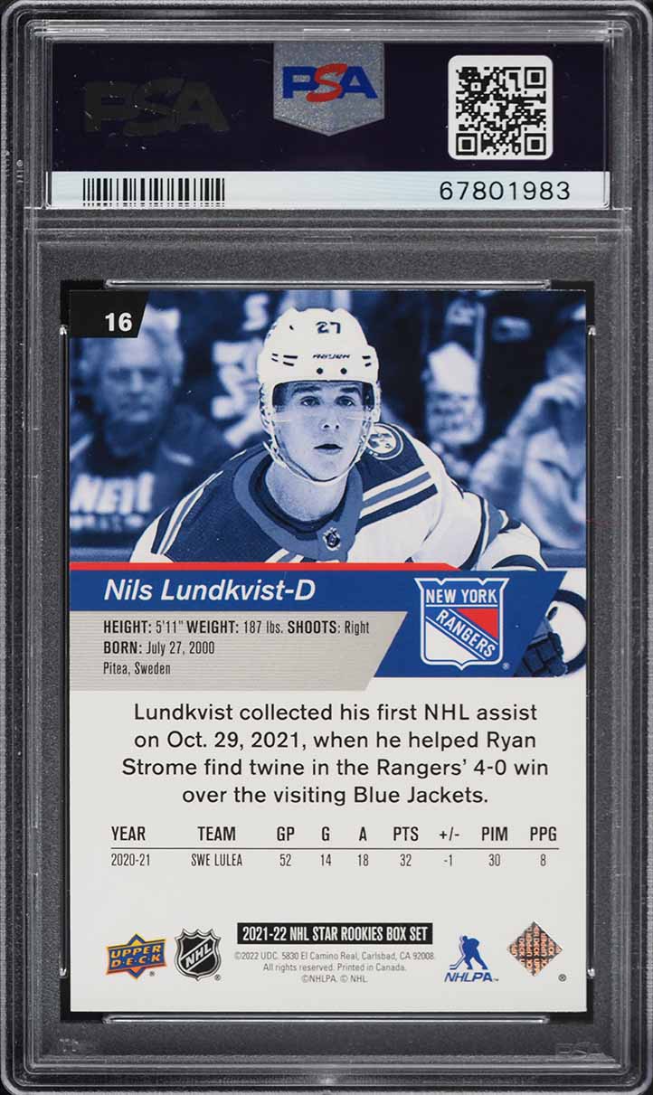 2021 Upper Deck NHL Star Rookies Box Set Nils Lundkvist ROOKIE #16 PSA 9 MINT