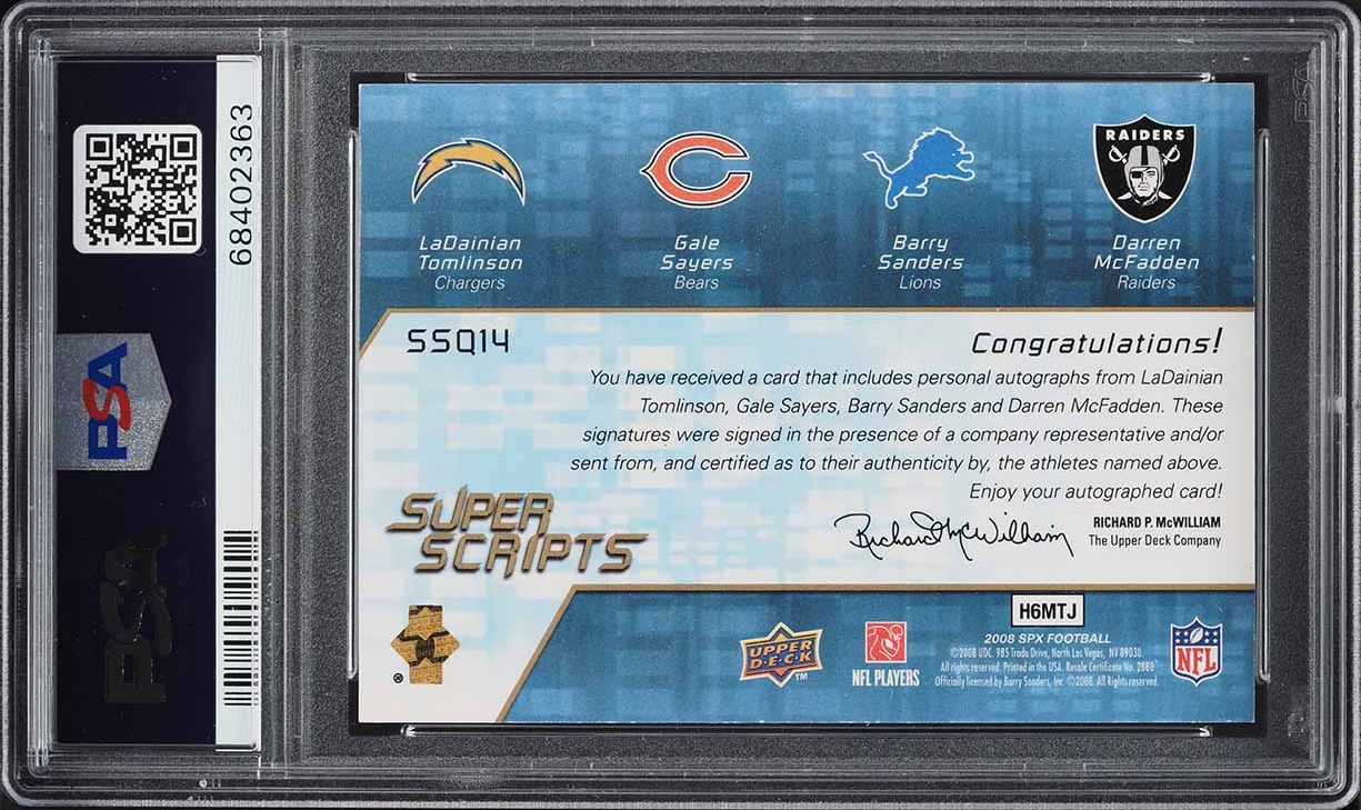 2008 SPx Super Scripts Barry Sanders Sayers Tomlinson McFadden RC AUTO /15 PSA 8