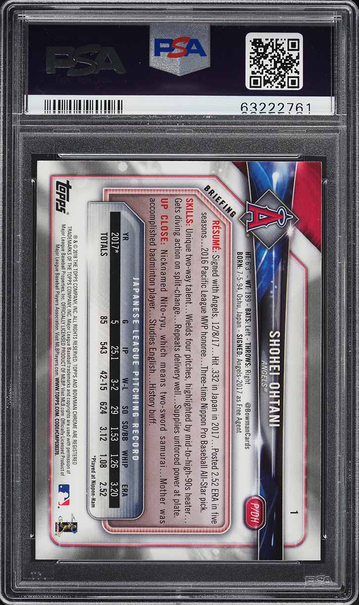 2018 Bowman Chrome Batting Shohei Ohtani ROOKIE #1 PSA 9 MINT