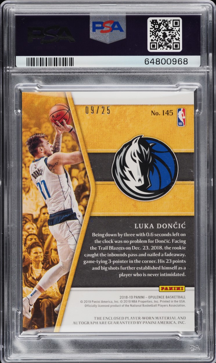 2018 Panini Opulence Gold Luka Doncic ROOKIE PATCH AUTO DNA 9 /25 #145 PSA 7