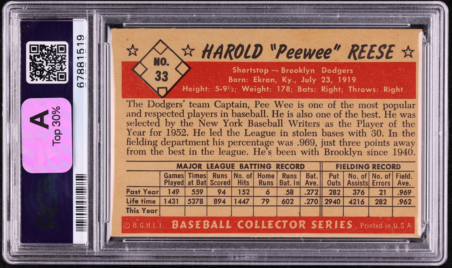1953 Bowman Color Pee Wee Reese #33 PSA 5.5 EX+