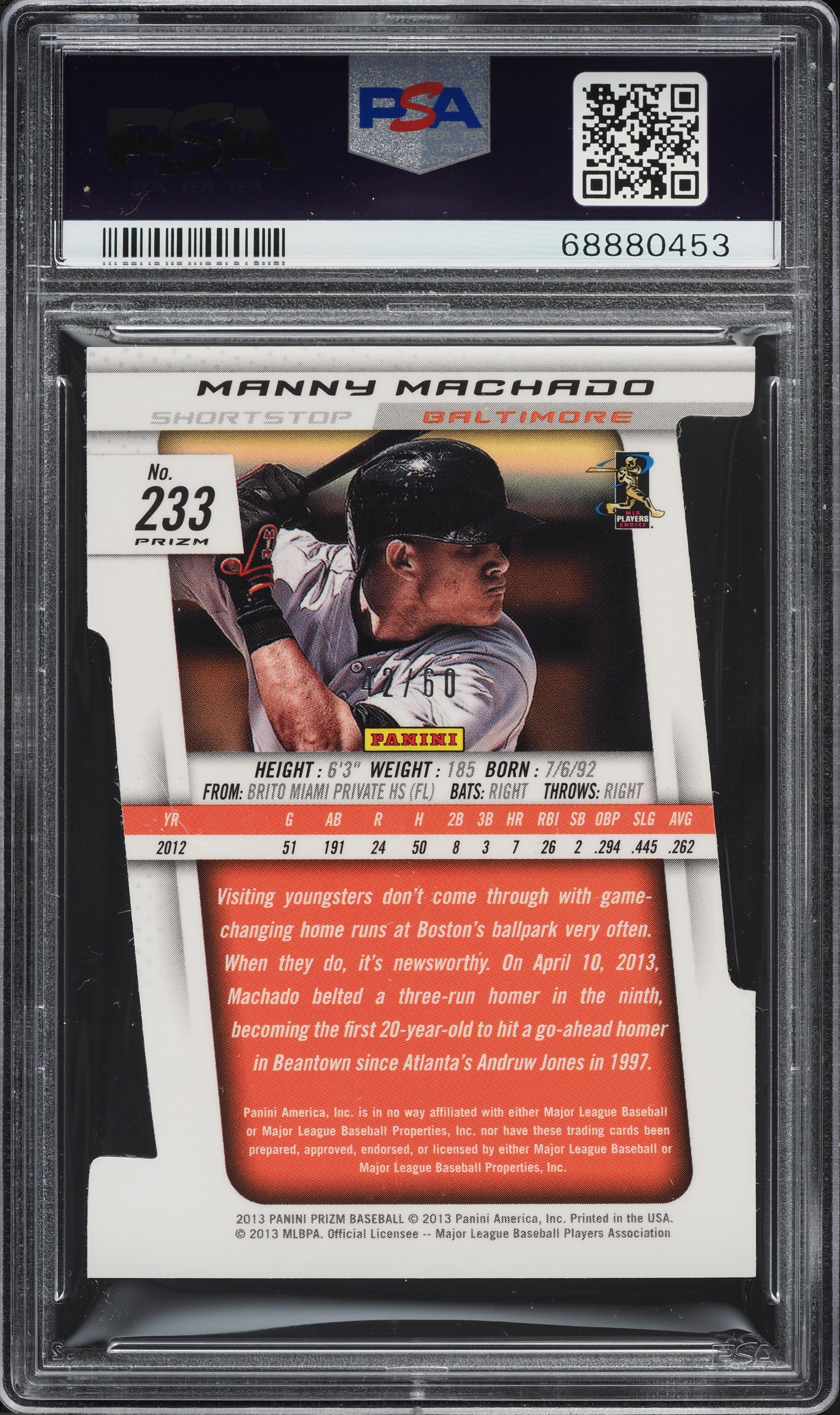 2013 Panini Prizm Orange Die-Cut Manny Machado ROOKIE /60 #233 PSA