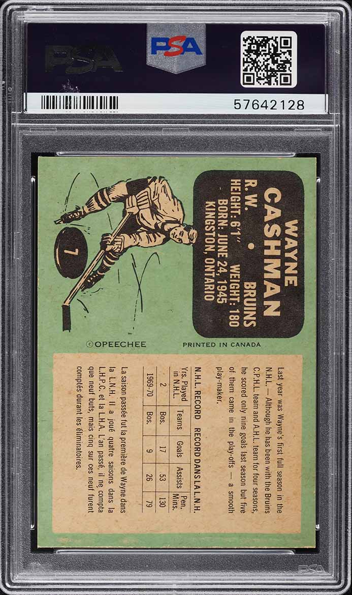 1970 O-Pee-Chee Hockey Wayne Cashman ROOKIE #7 PSA 7 NRMT