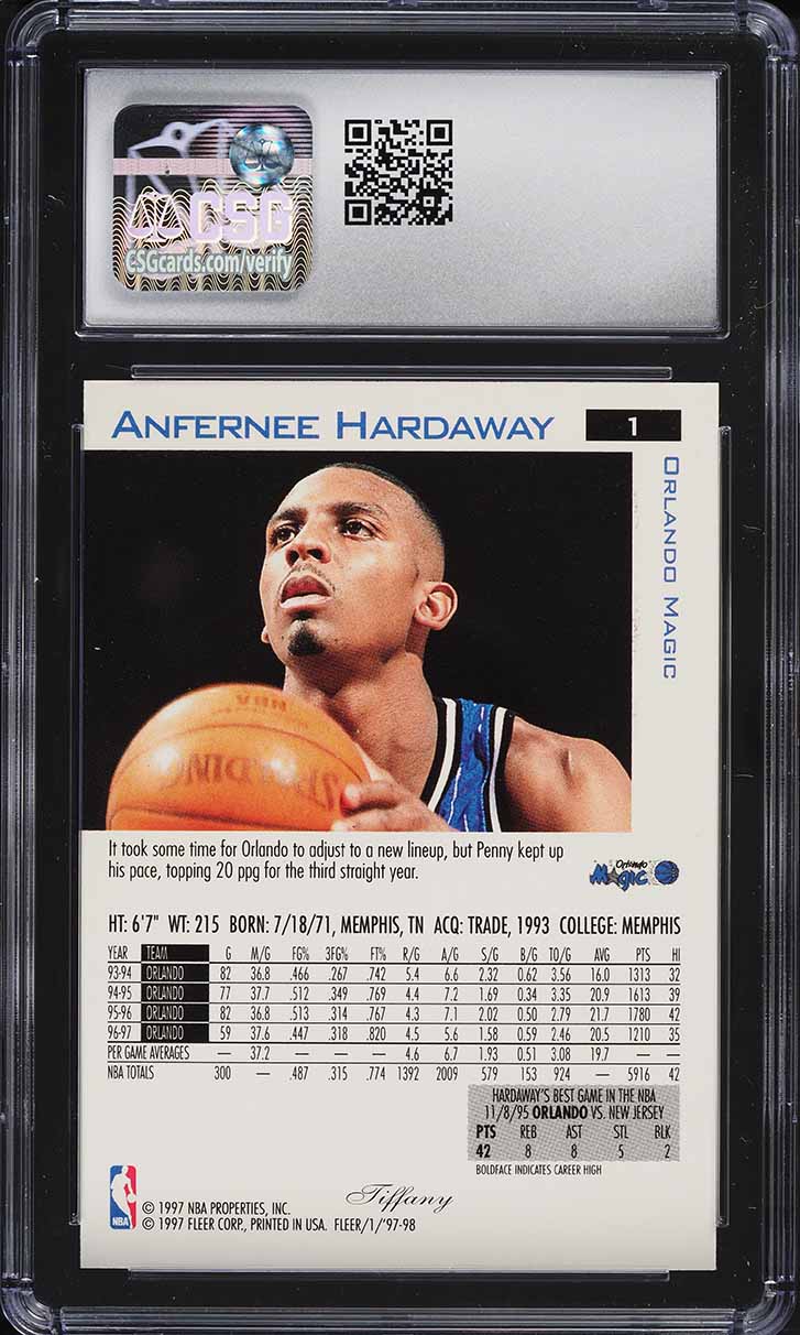 1997 Fleer Tiffany Collection Anfernee Hardaway #1 CSG 10 GEM MINT