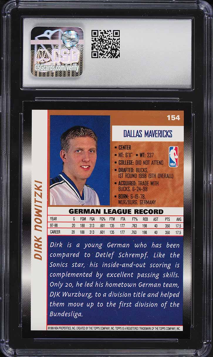 1998 Topps Basketball Dirk Nowitzki ROOKIE #154 CSG 10 GEM MINT