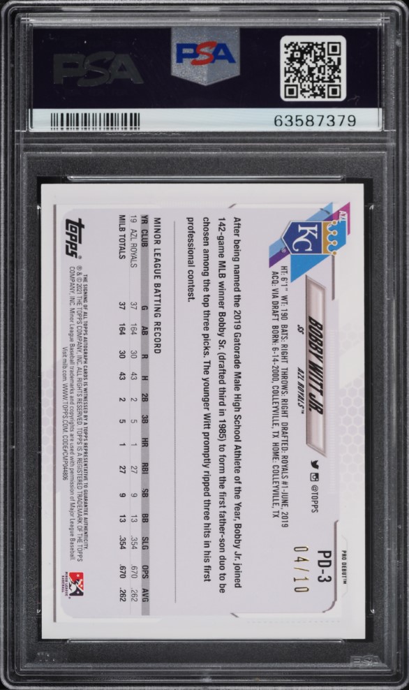 2021 Topps Pro Debut Red Bobby Witt Jr. ROOKIE AUTO /10 #PD3 PSA 9 MINT