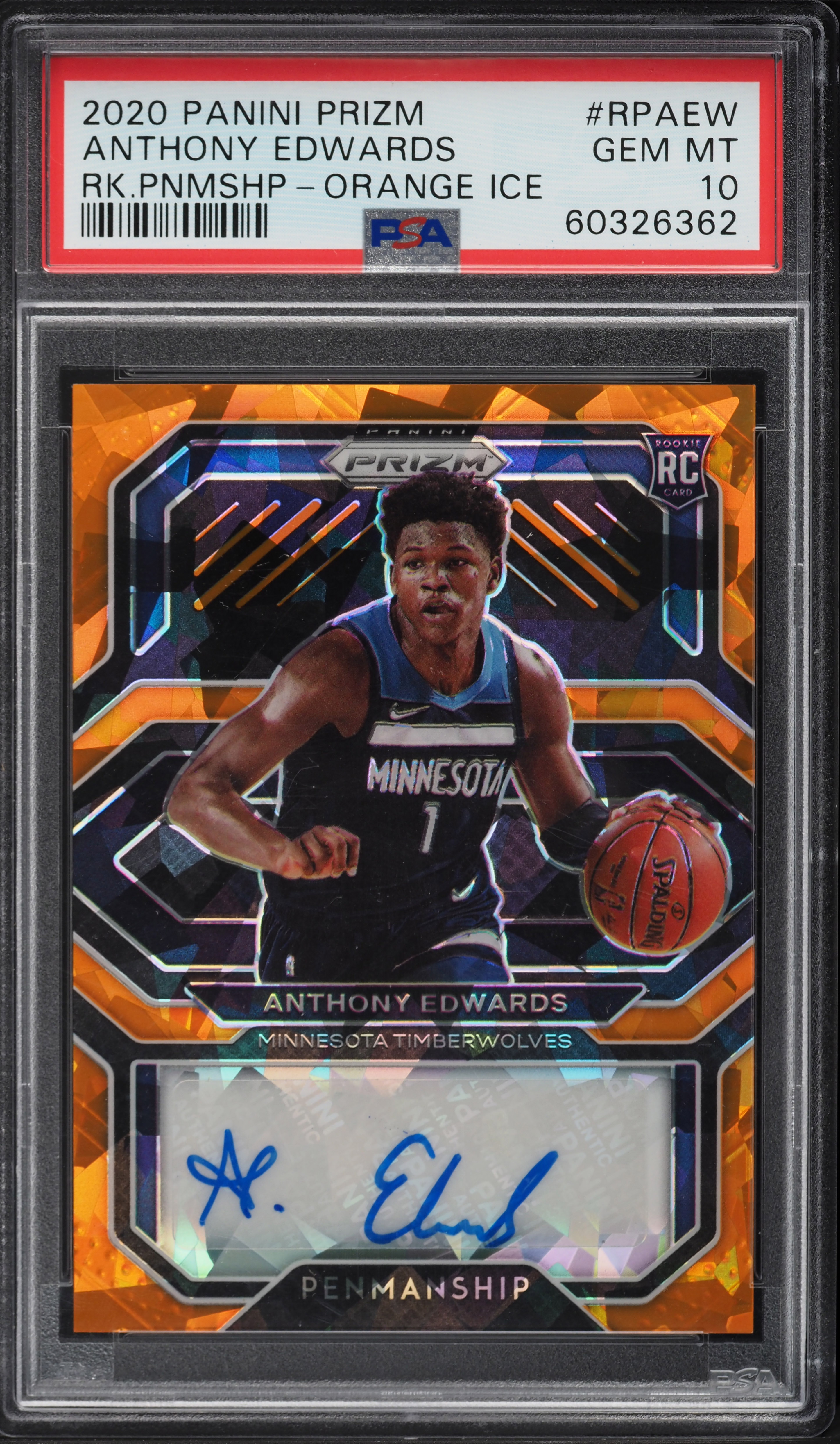 2020 Panini Prizm Orange Ice Prizms Anthony Edwards ROOKIE AUTO