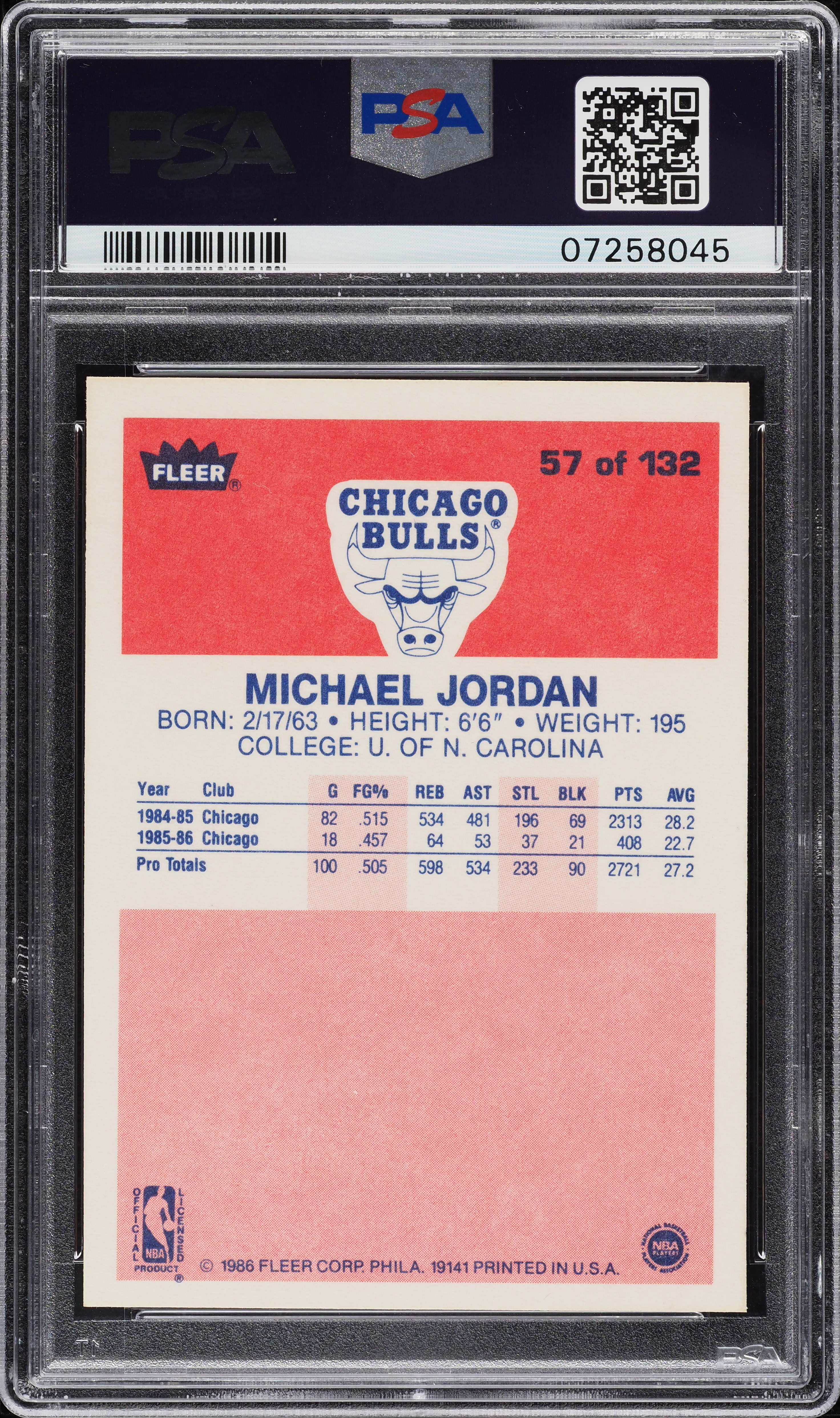 1986 Fleer Basketball Michael Jordan ROOKIE #57 PSA 8 NM-MT on