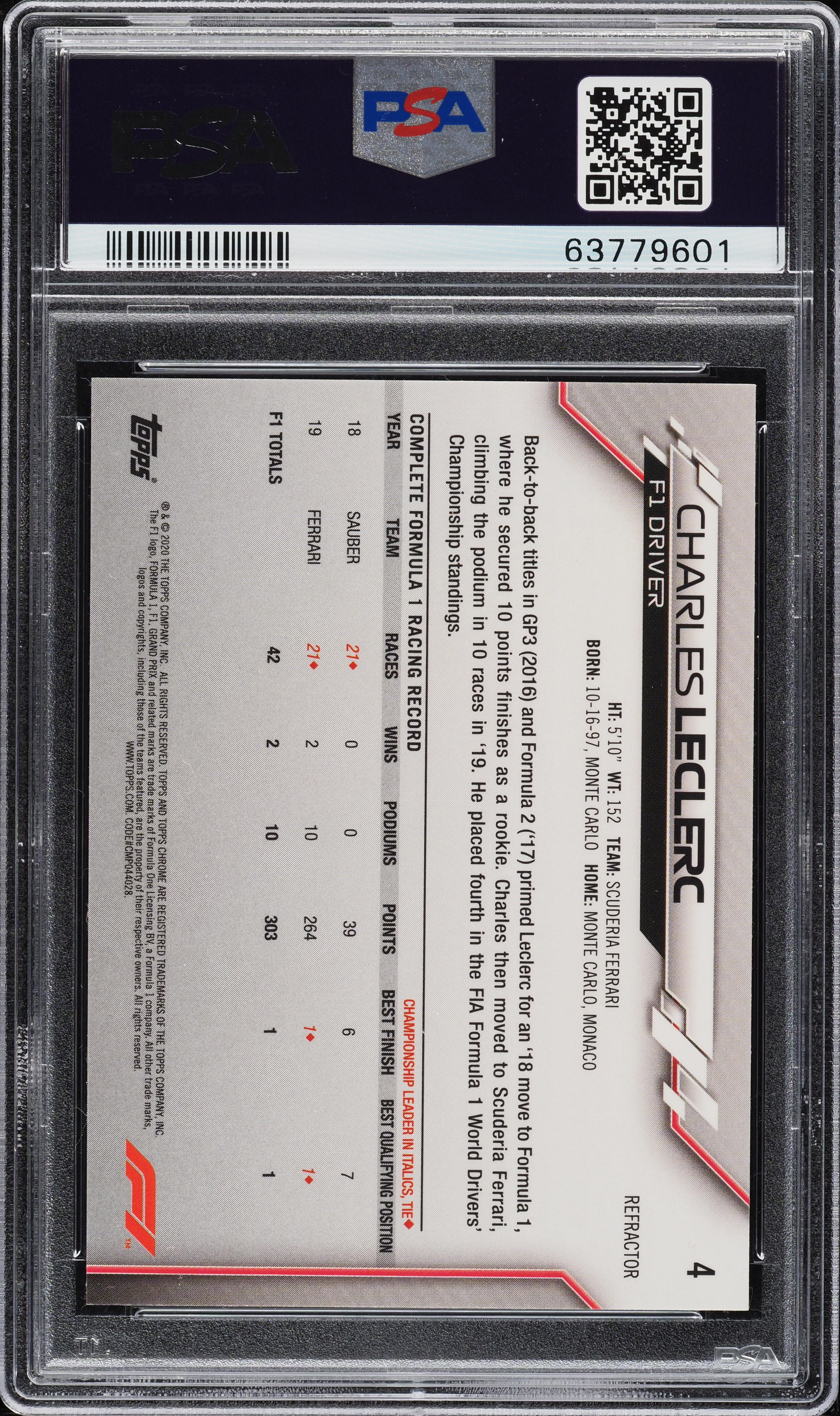 2020 Topps Chrome Formula 1 F1 Refractor Charles Leclerc #4 PSA 9