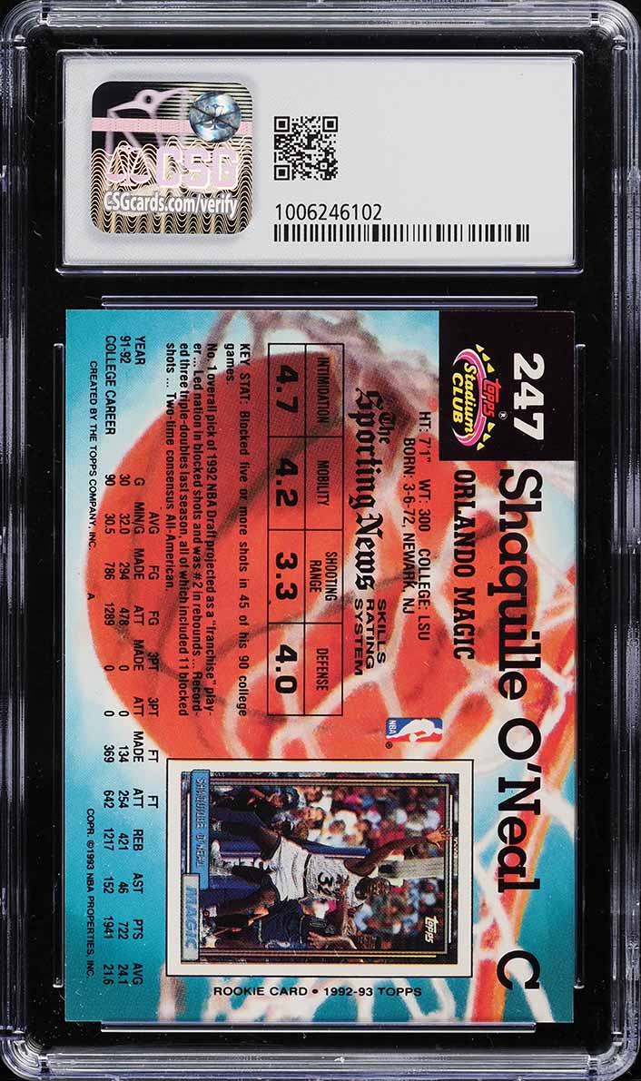 1992 Stadium Club Basketball Shaquille O'Neal ROOKIE #247 CSG 8 NM-MT