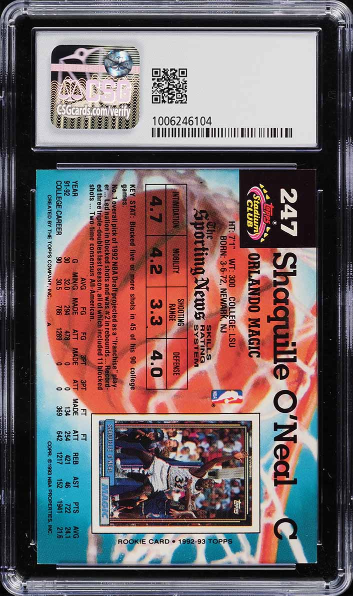1992 Stadium Club Basketball Shaquille O'Neal ROOKIE #247 CSG 8 NM-MT