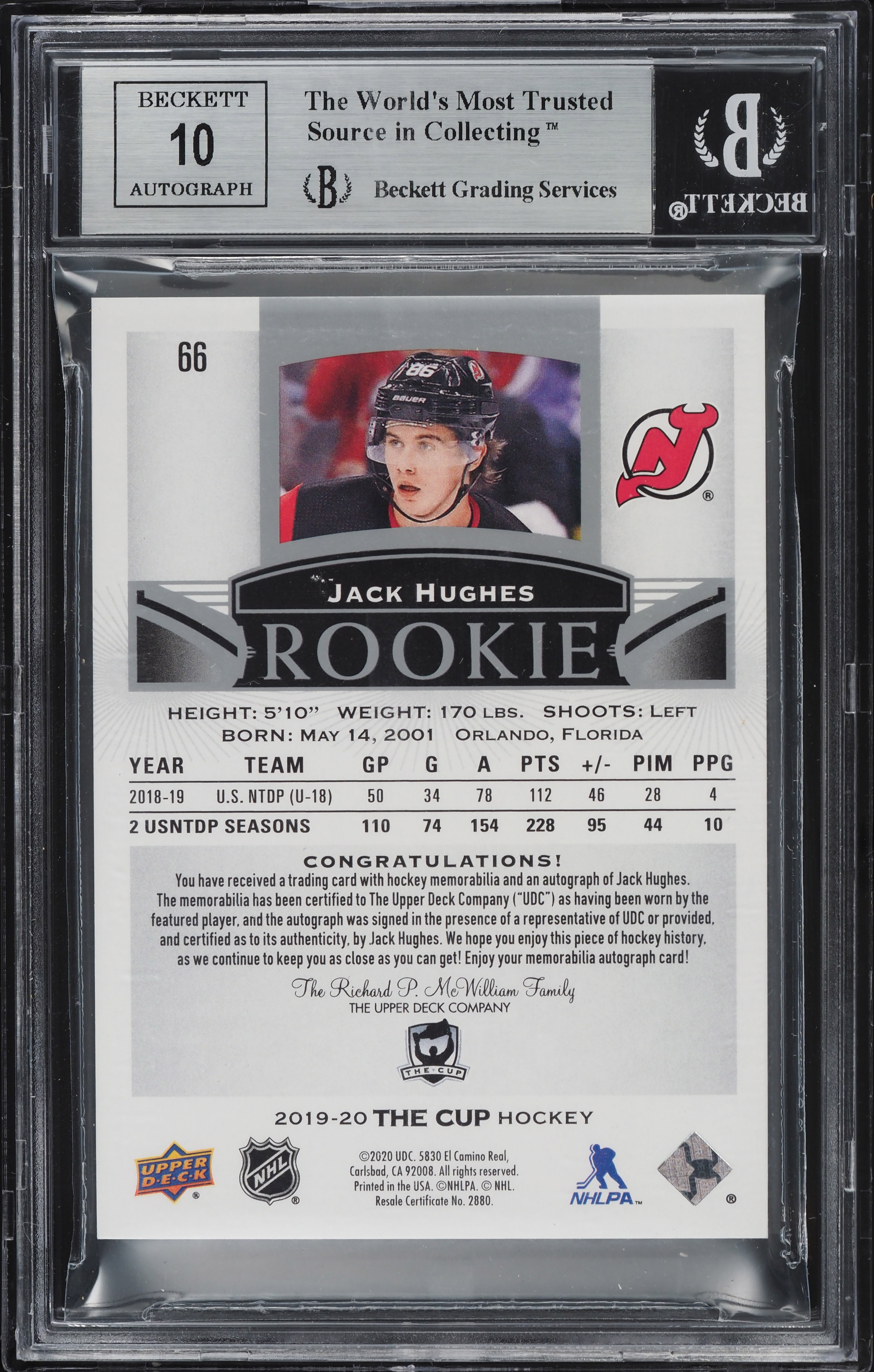 2019 Upper Deck The Cup Jack Hughes ROOKIE PATCH AUTO /99 #66 BGS