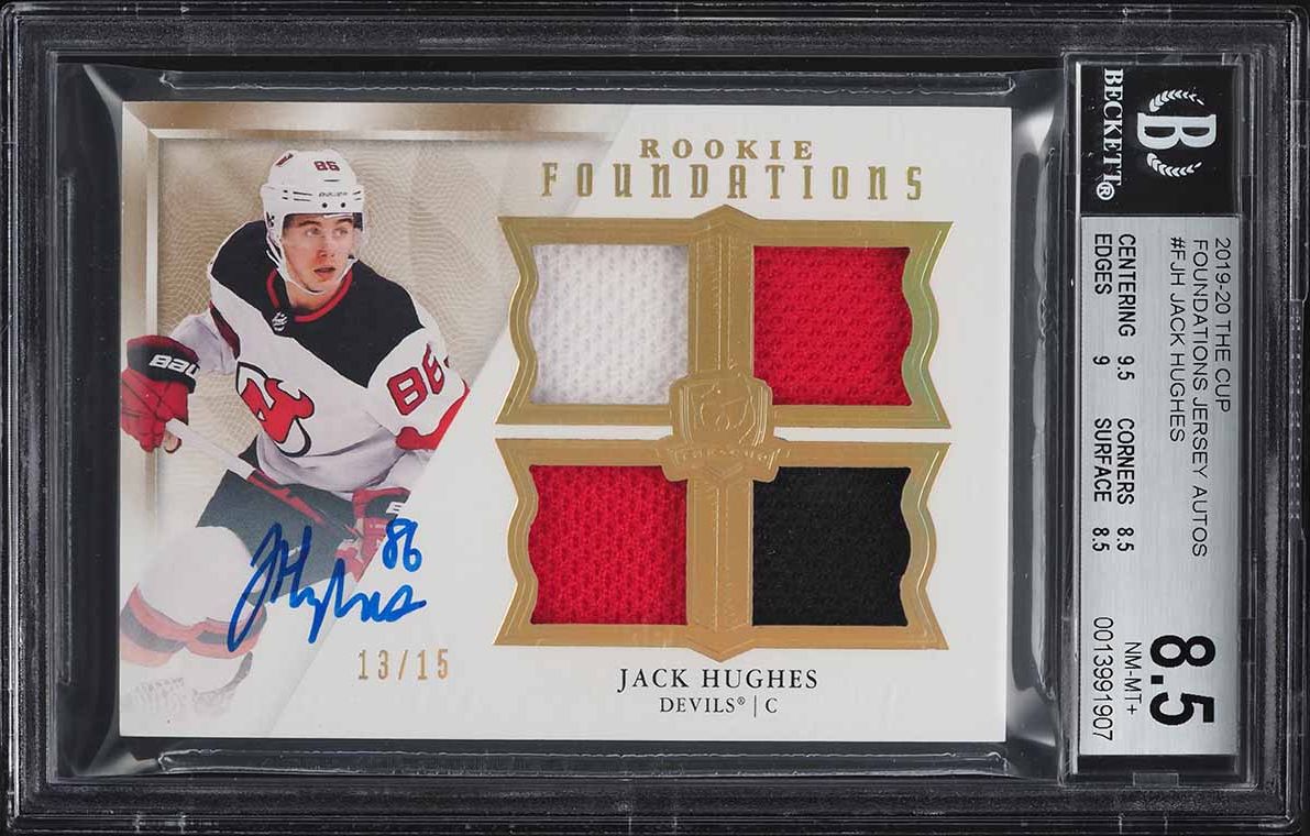 2019 The Cup Foundations Jack Hughes ROOKIE PATCH AUTO /15 #F-JH BGS 8.5 NM-MT+