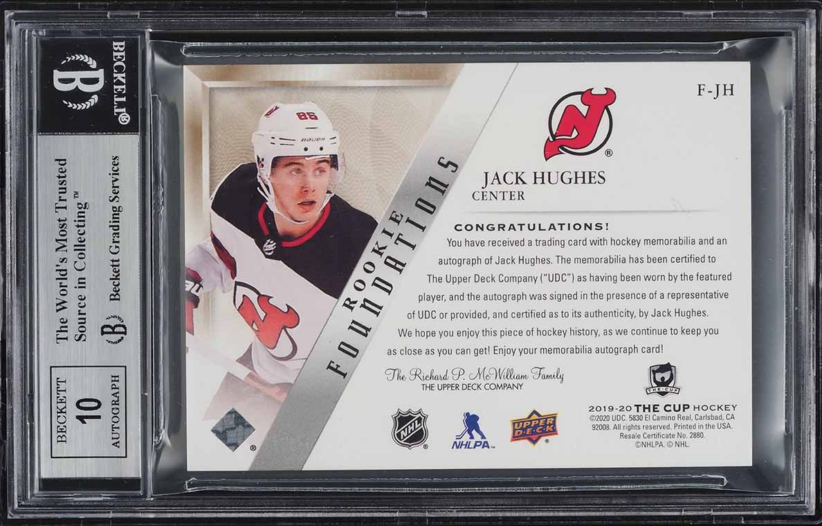 2019 The Cup Foundations Jack Hughes ROOKIE PATCH AUTO /15 #F-JH BGS 8.5 NM-MT+