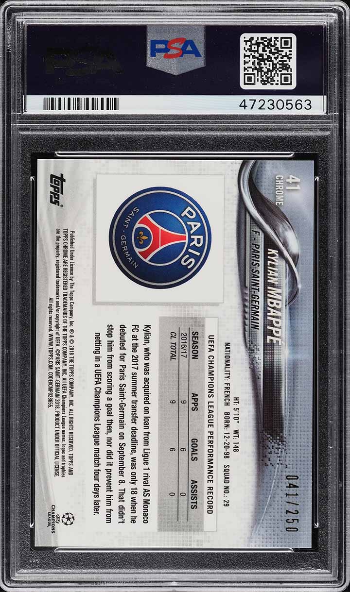 2017 Topps Chrome UEFA Purple Refractor Kylian Mbappe ROOKIE /250 #41 PSA 10 GEM