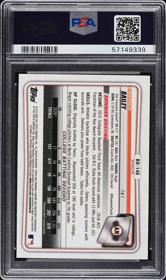 2020 Bowman Chrome Draft Refractor Patrick Bailey ROOKIE #BD146 PSA 9 MINT