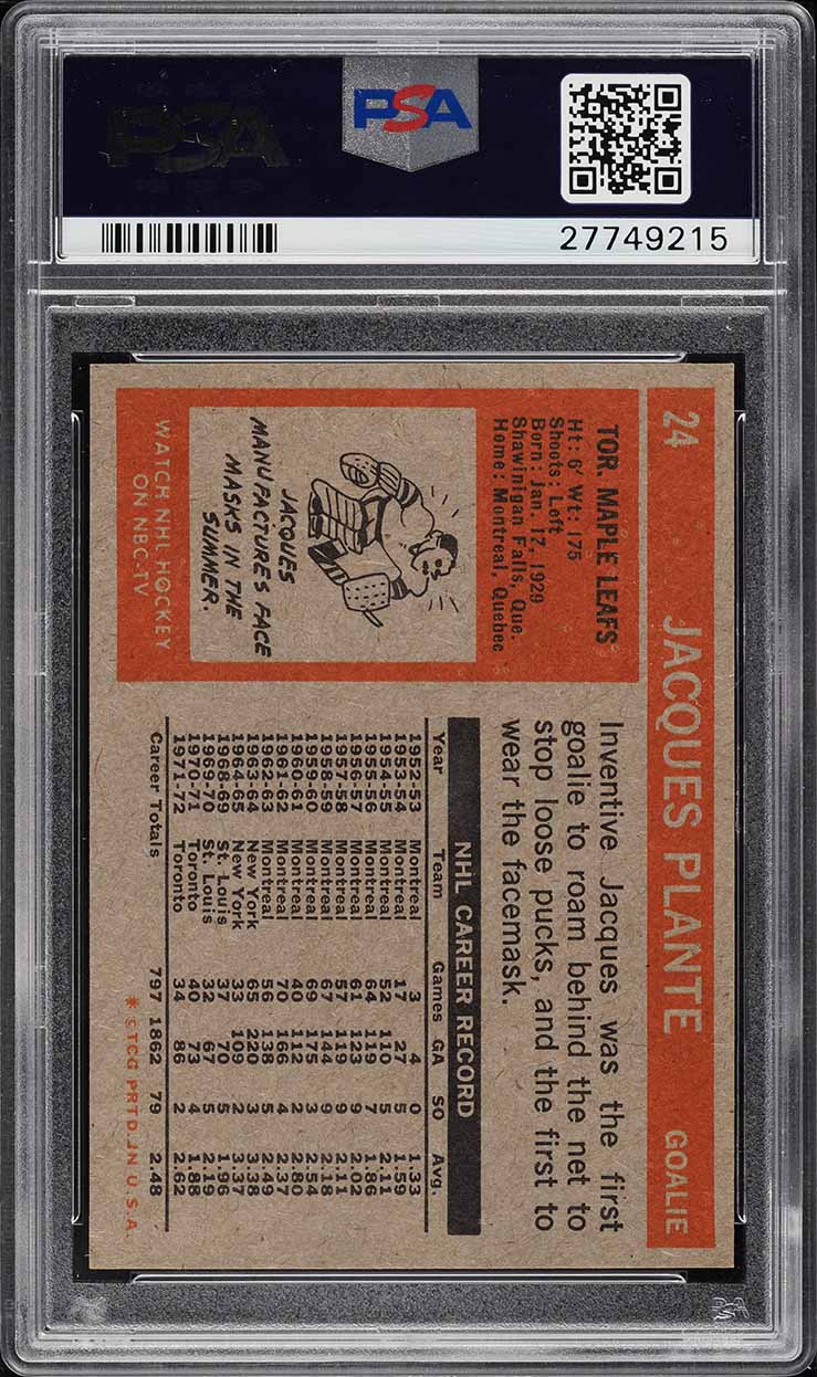 1972 Topps Hockey Jacques Plante #24 PSA 9 MINT