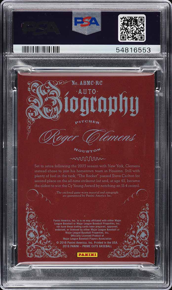 2016 Panini Prime Cuts Biography Black Roger Clemens PATCH AUTO 1/1 PSA 5 EX