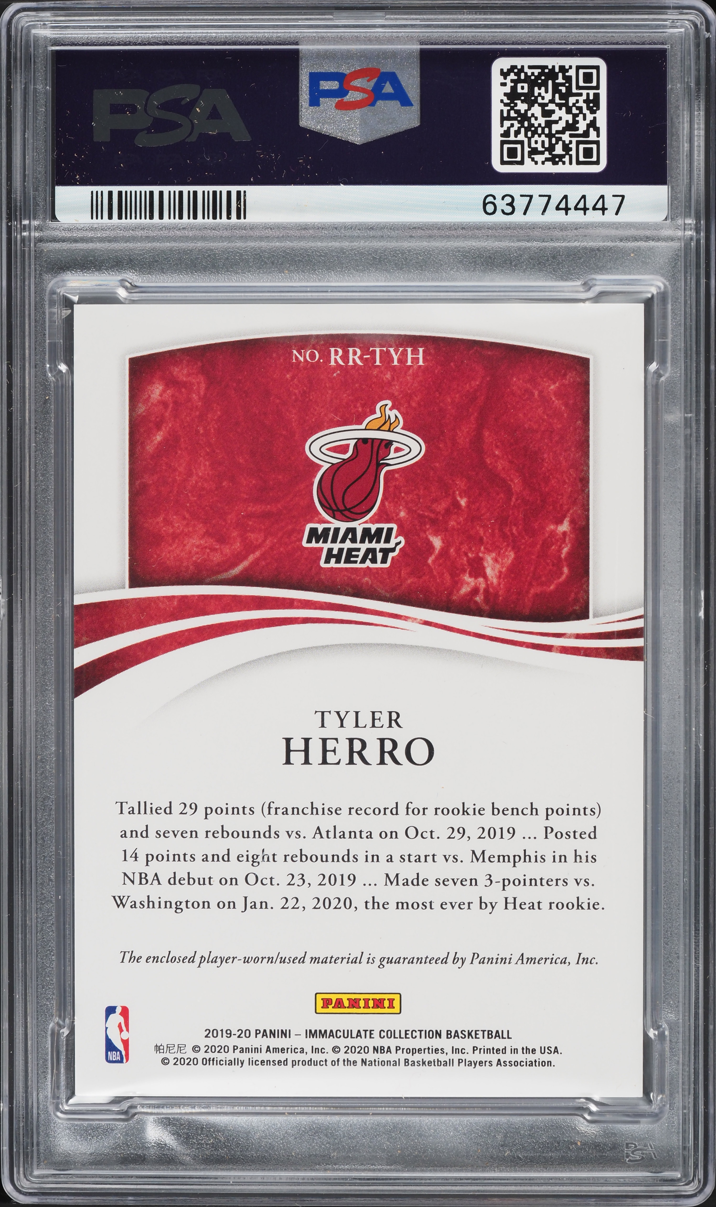 2019 Immaculate Collection Gold Tyler Herro ROOKIE PATCH /10 PSA