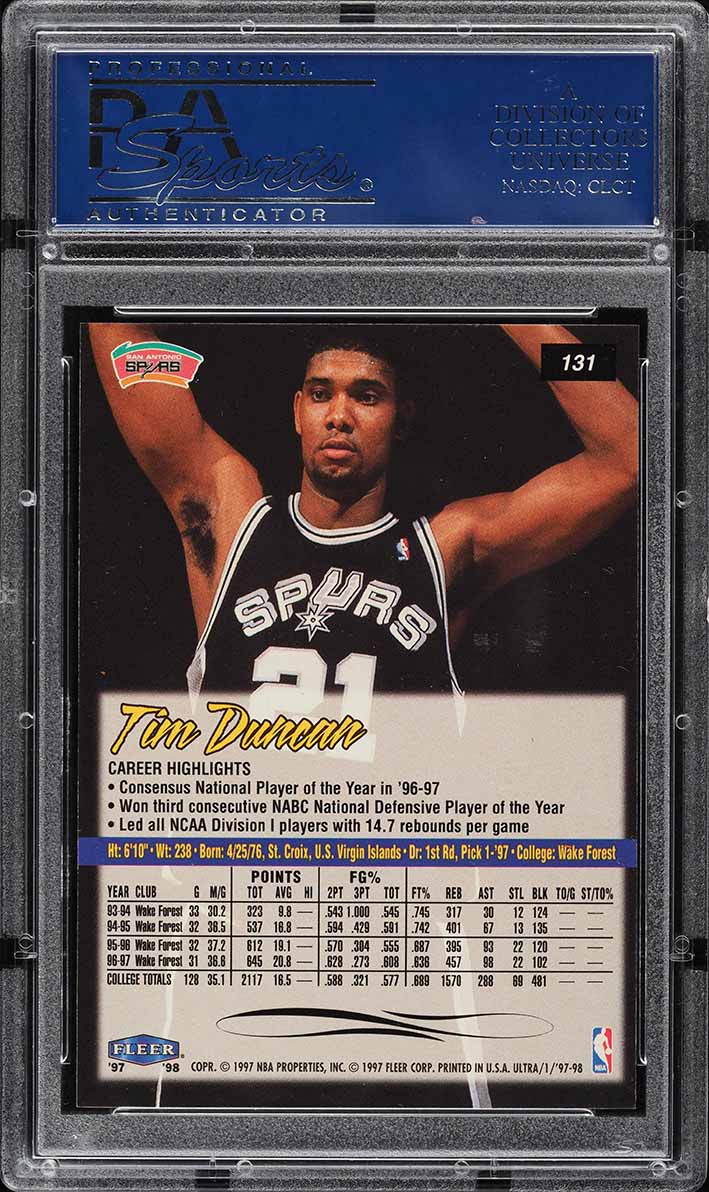 1997 Ultra Basketball Tim Duncan ROOKIE #131 PSA 10 GEM MINT