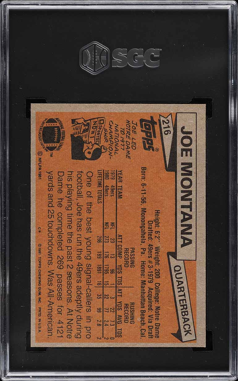 1981 Topps Football Joe Montana ROOKIE #216 SGC 8.5 NM-MT+