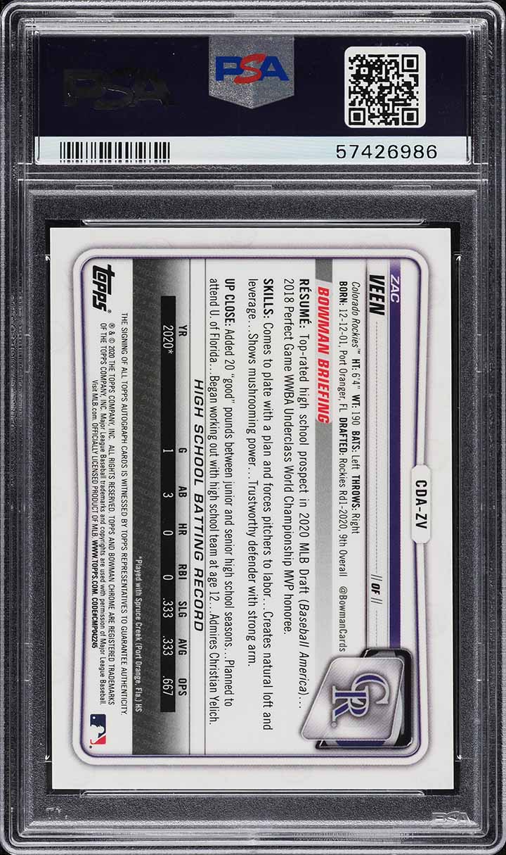 2020 Bowman Chrome Blue Wave Refractor Zac Veen ROOKIE AUTO /150 PSA 10 GEM MINT