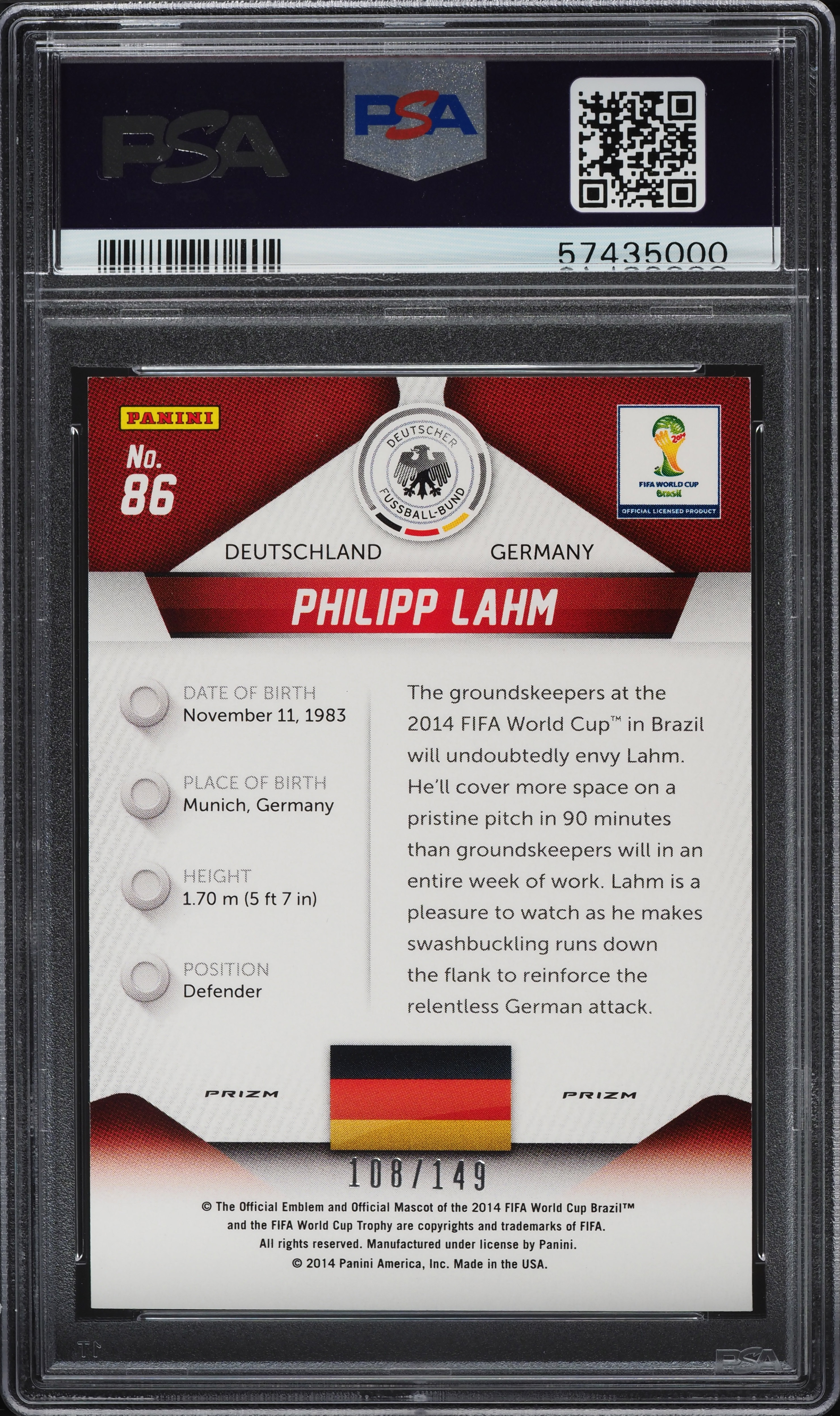 2014 Panini Prizm World Cup Red Prizms Philipp Lahm /149 #86 PSA 9