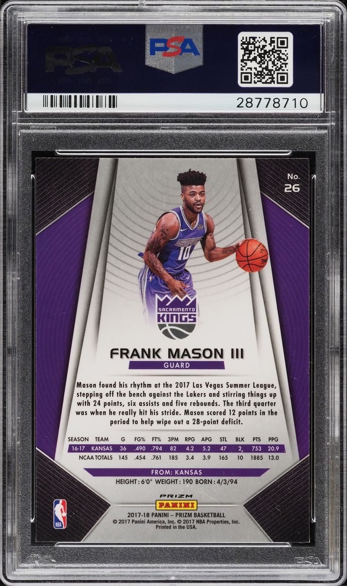 2017 Panini Prizm Silver Frank Mason III ROOKIE #26 PSA 10 GEM MINT