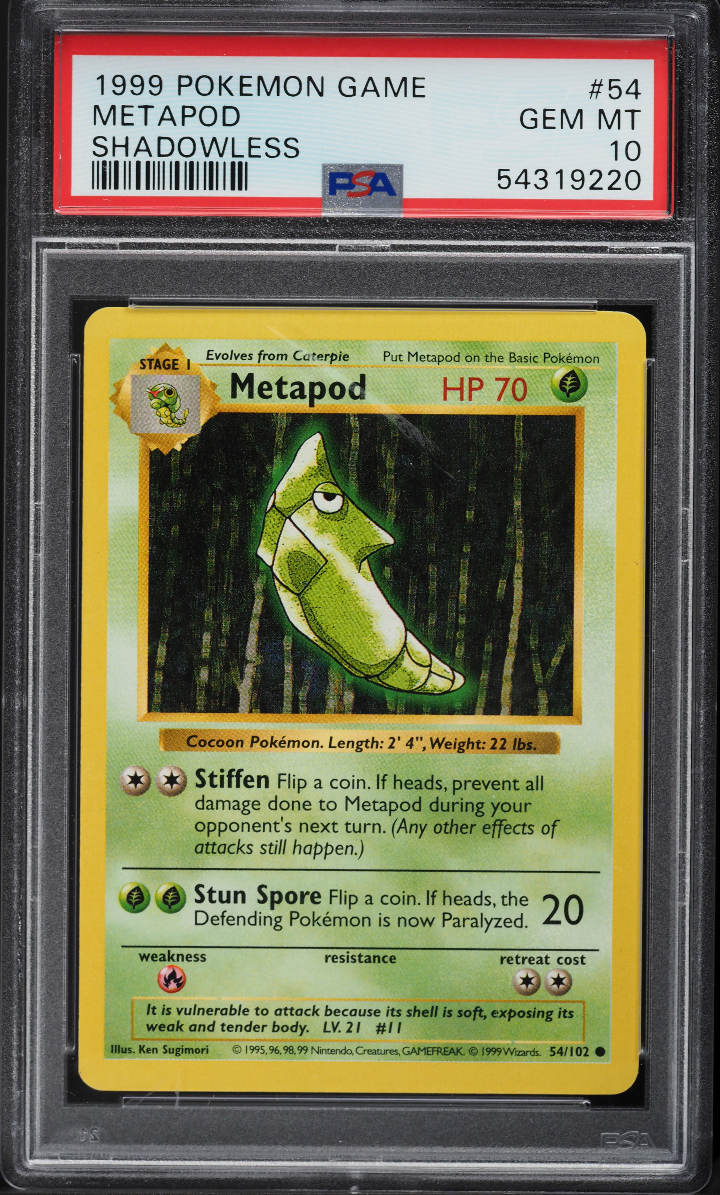 1999 Pokemon Base Set Shadowless Metapod #54 PSA 10 GEM MINT on