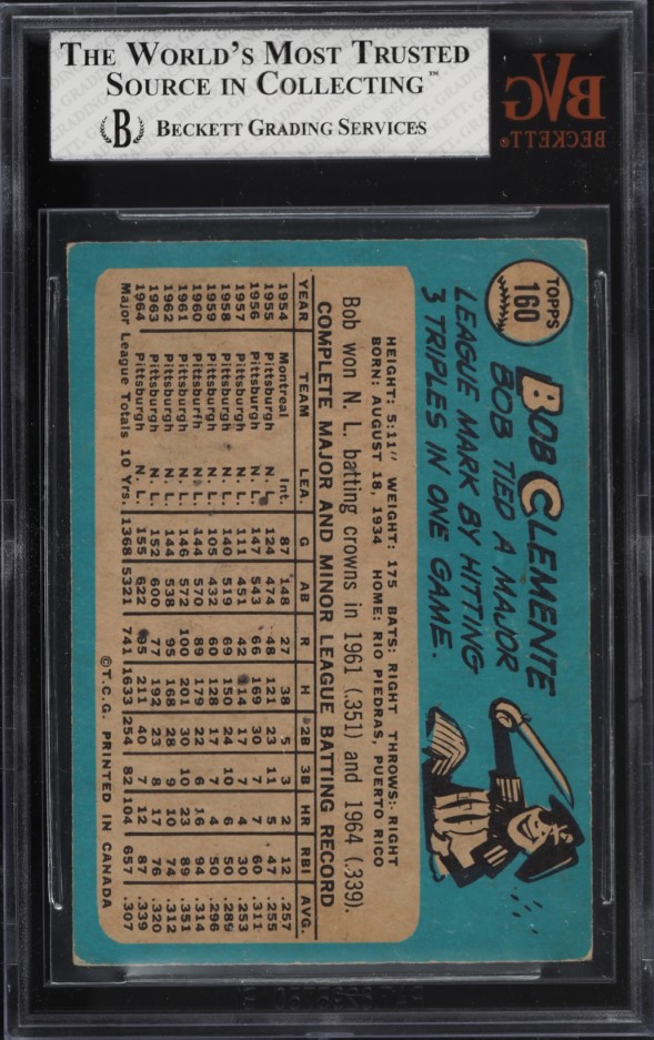 1965 O-Pee-Chee Roberto Clemente #160 BVG 3.5 VG+