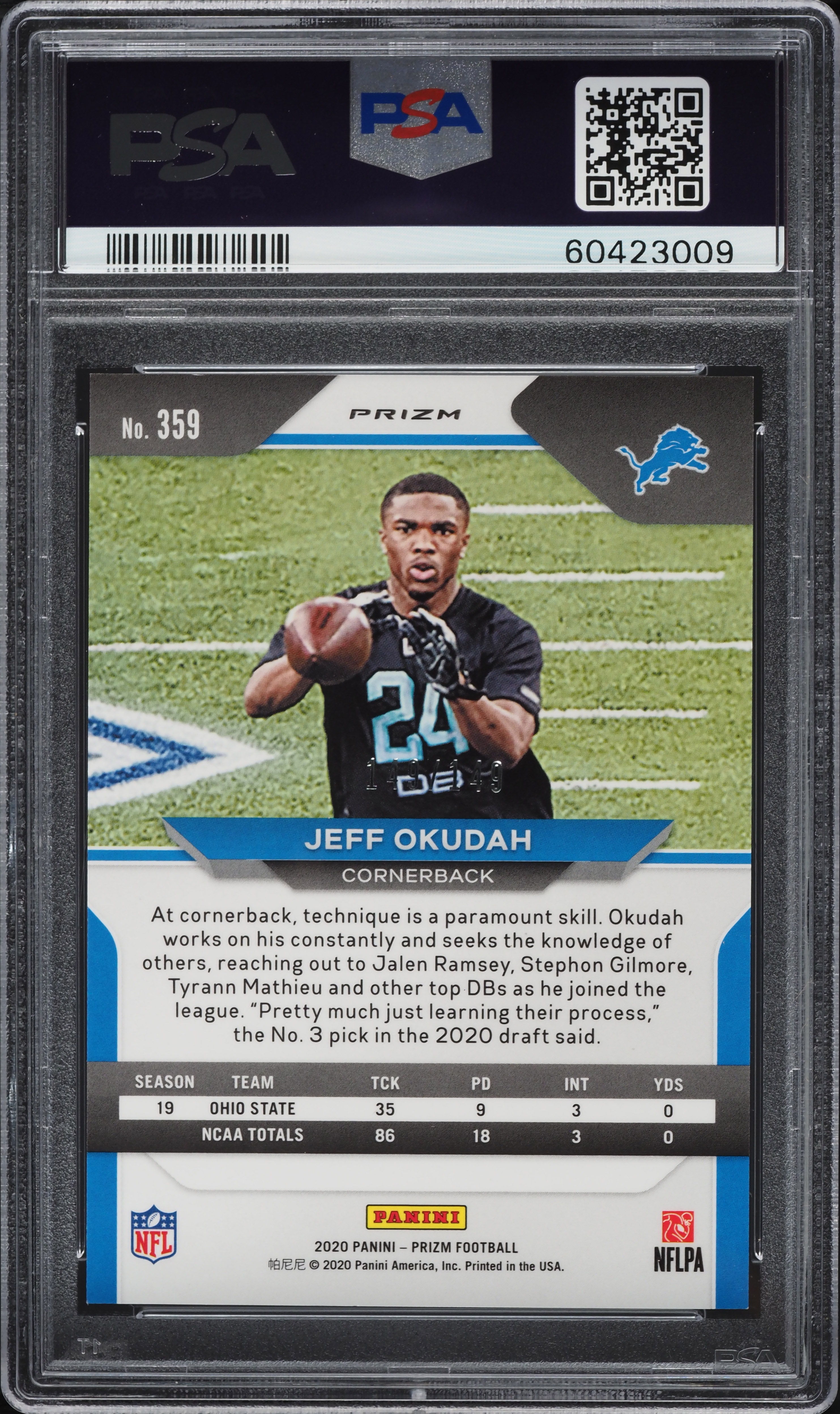 2020 Panini Prizm Red Wave Prizms Jeff Okudah ROOKIE /149 #359 PSA