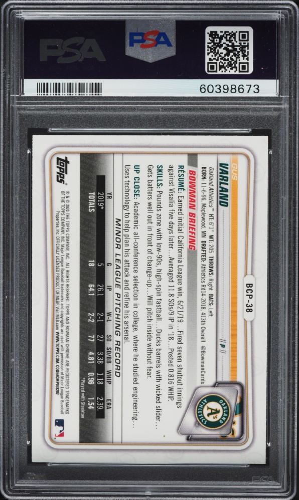 2020 Bowman Chrome Prospects Gus Varland ROOKIE #BCP38 PSA 10 GEM MINT