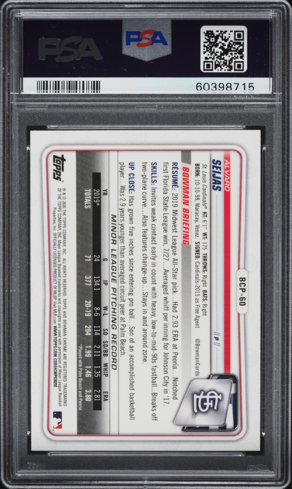 2020 Bowman Chrome Prospects Alvaro Seijas ROOKIE #BCP-60 PSA 10 GEM MINT