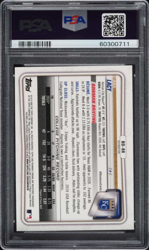 2020 Bowman Chrome Draft Refractor Asa Lacy ROOKIE #BD88 PSA 9 MINT