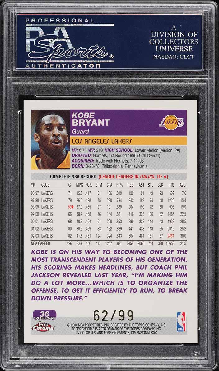 2003 Topps Chrome Gold Refractor Kobe Bryant /99 #36 PSA 10 GEM MINT