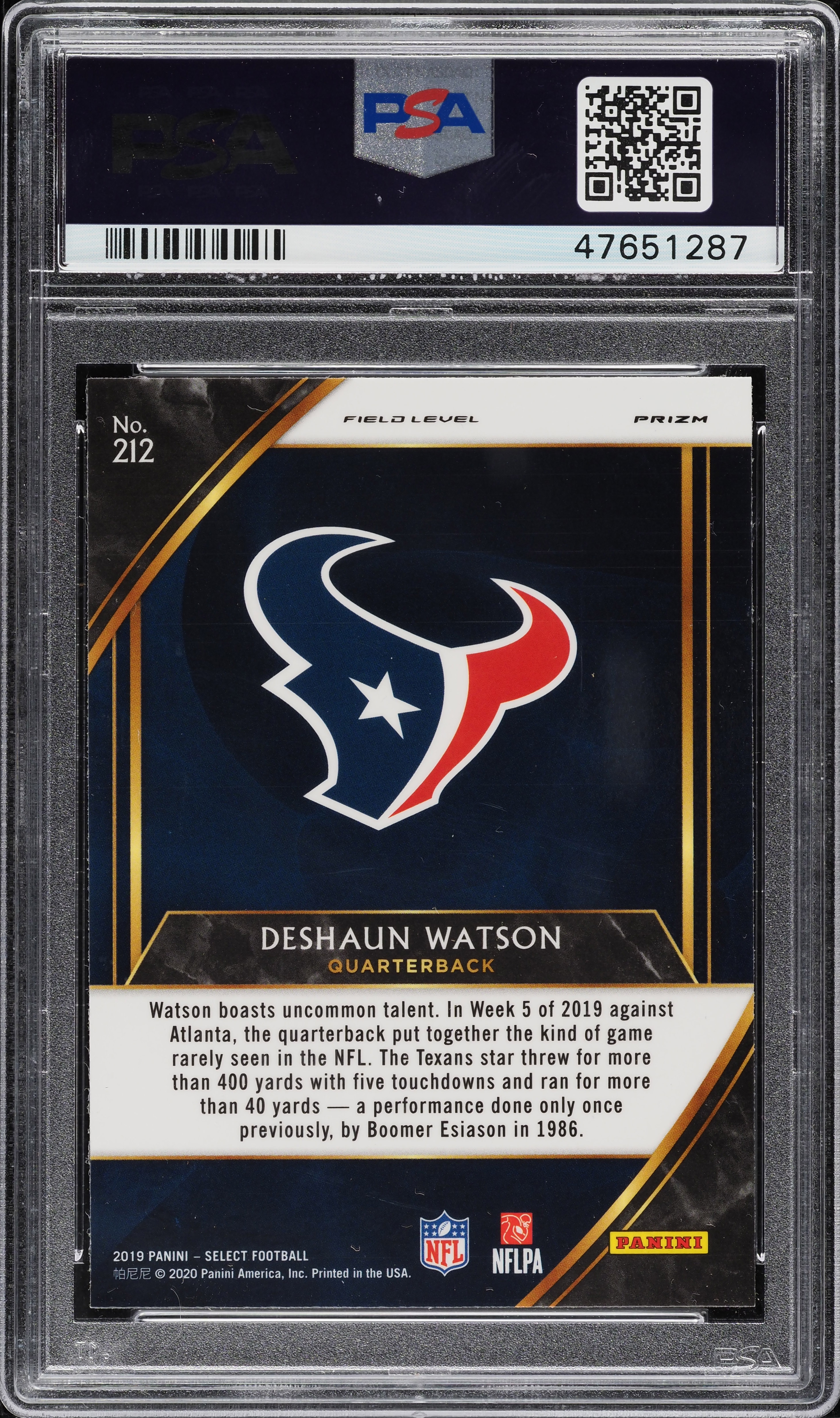 2019 Select Field Level Zebra Prizm Deshaun Watson #212 PSA 10 GEM