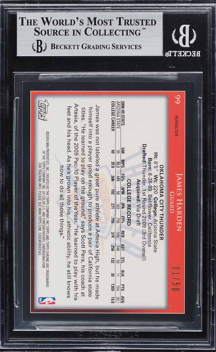 2009 Topps Chrome Gold Refractor James Harden ROOKIE 1/50 #99 BGS 9 MINT