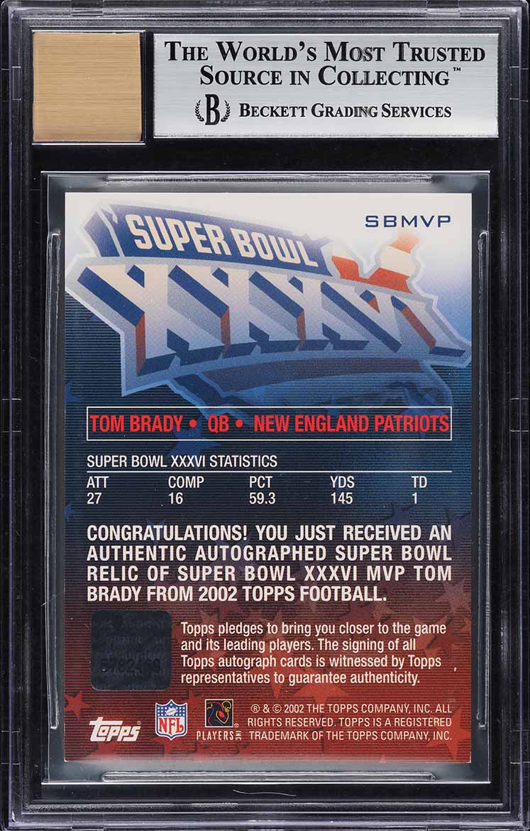 2002 Topps Super Bowl XXXVI MVP Tom Brady GAME-USED PATCH AUTO /150 BGS 9 MINT