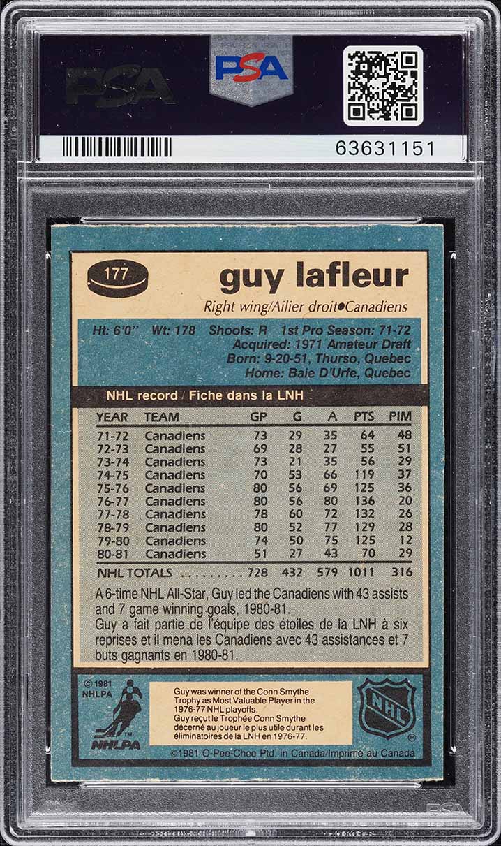 1981 O-Pee-Chee Hockey Guy Lafleur #177 PSA 10 GEM MINT
