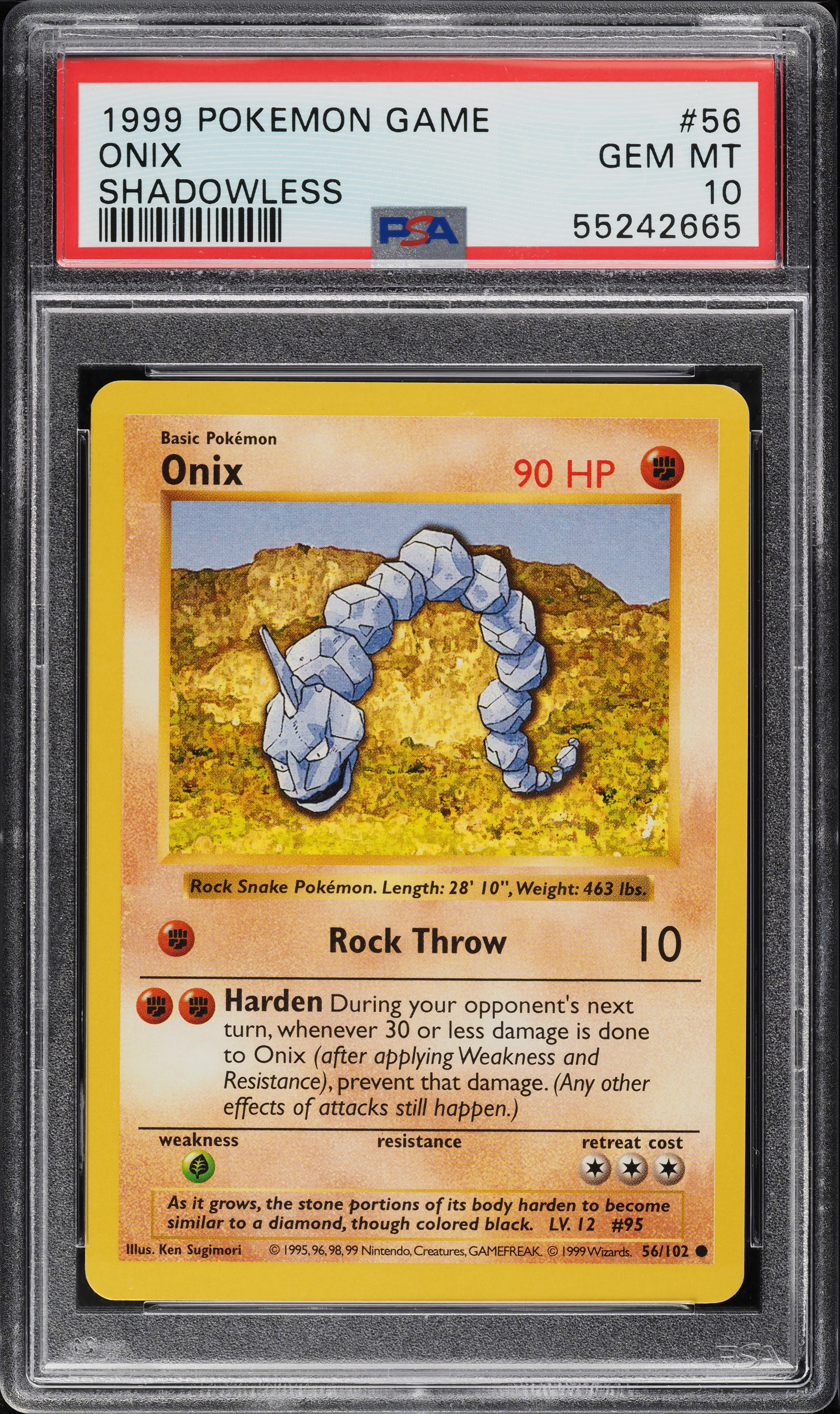 1999 Pokemon Base Set Shadowless Onix #56 PSA 10 GEM MINT on