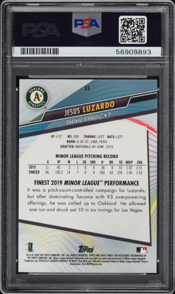 2020 Finest Jesus Luzardo ROOKIE #55 PSA 10 GEM MINT
