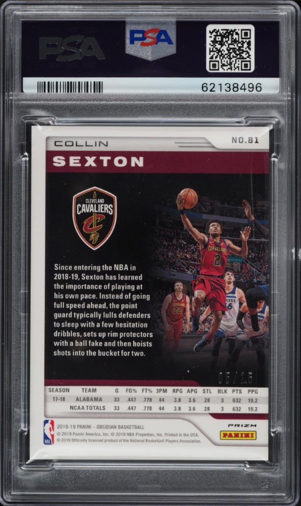 2018 Panini Obsidian Green Collin Sexton ROOKIE /15 #81 PSA 10 GEM MINT